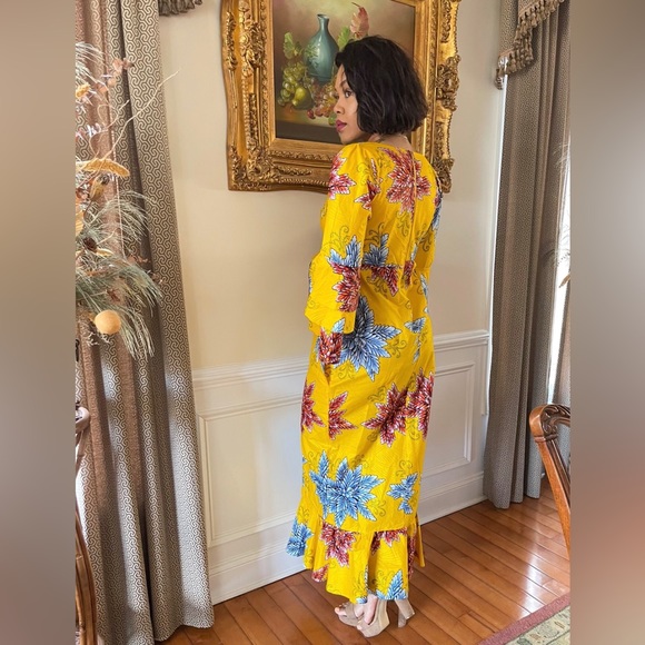 Handmade African Print Ankara Yellow Ruffle Sleeve Cinched Waist Maxi Dress - Picture 3 of 6